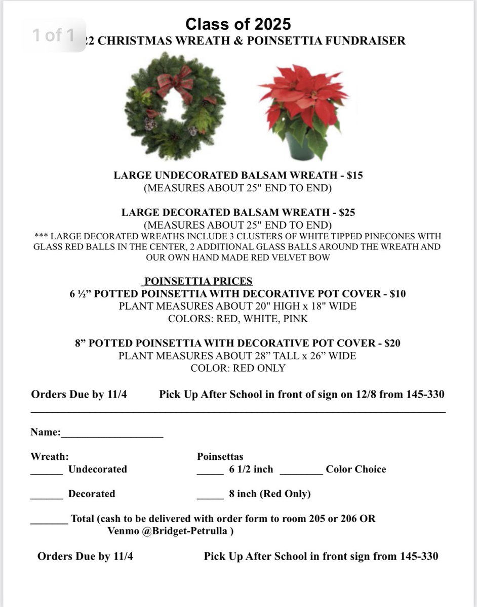 BMHSClassof2025's tweet photo. Selling wreaths and poinsettias to support the BMHS Class of 2025!  Let me know if anyone is interested!! @BrickMemorialHS https://t.co/41LAOC0Qjb