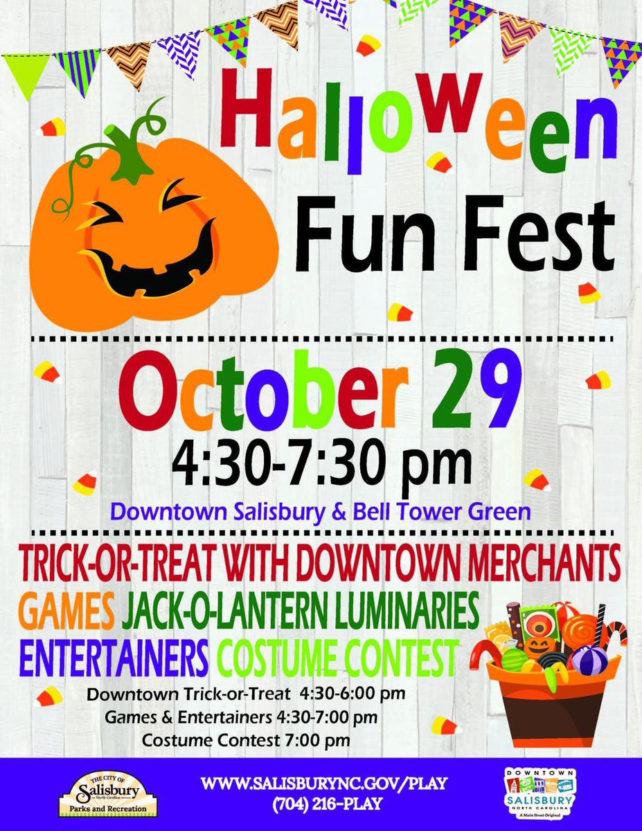 CitySalisburyNC's tweet photo. What’s happening this week in #SalisburyNC?
◾️#WearPurpleWednesdays
📅 Wednesday, Oct. 26

◾️Cultivating Community Conversations
📅Thursday, Oct 27
⏰ 5:30 p.m.
📍 Milford Hills Baptist Church

◾️Halloween Fun Fest
📅Saturday, Oct. 29
⏰ 4:30 p.m.
📍Downtown Salisbury https://t.co/XGaJEgUiUx