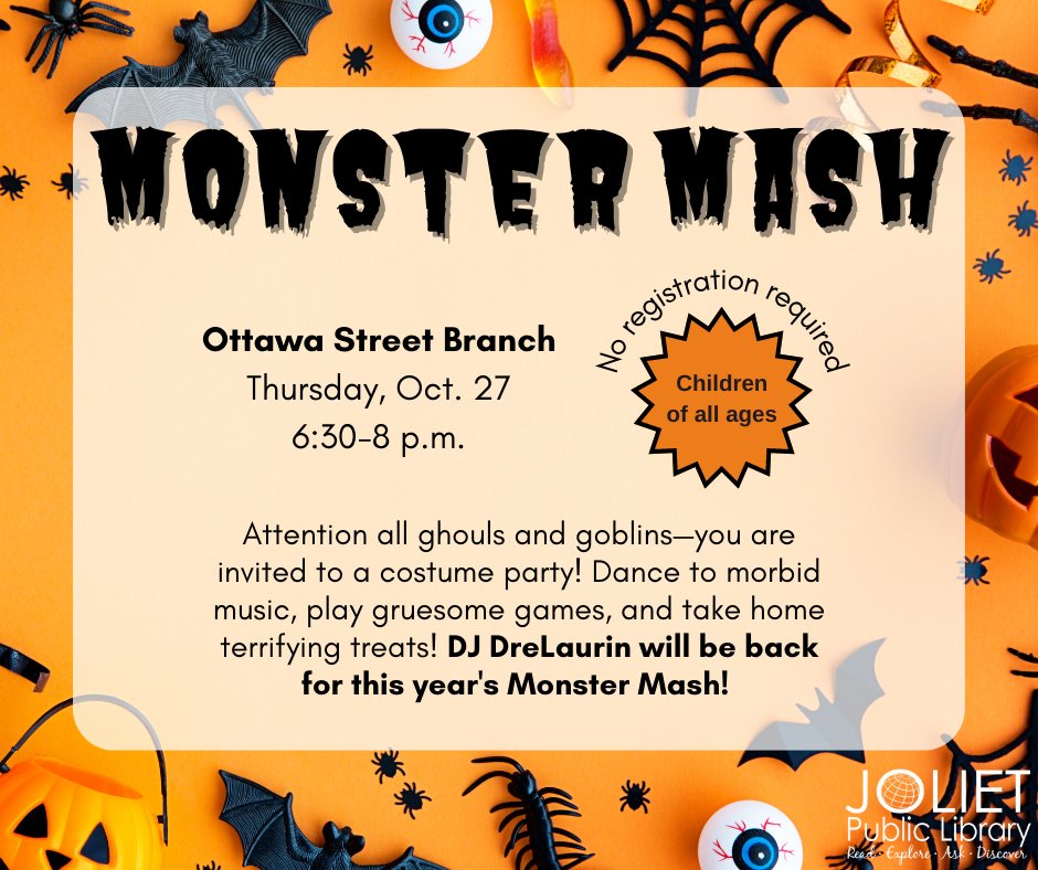 Monster Mash is back again with DJ DreLauren this Thursday, Oct. 27! This costume party will include morbid music, gruesome games, and terrifying treats! Spooky! No registration is required -- everyone is welcome! See you there 👻🎃💀 #jolietlibrary #monstermash #Halloween