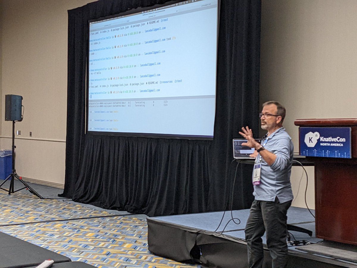 madhatter_ns's tweet photo. @lanceball at stage talking about #knative #function @KubeCon_ #knativecon #Serverless https://t.co/YzgXzRMnRF