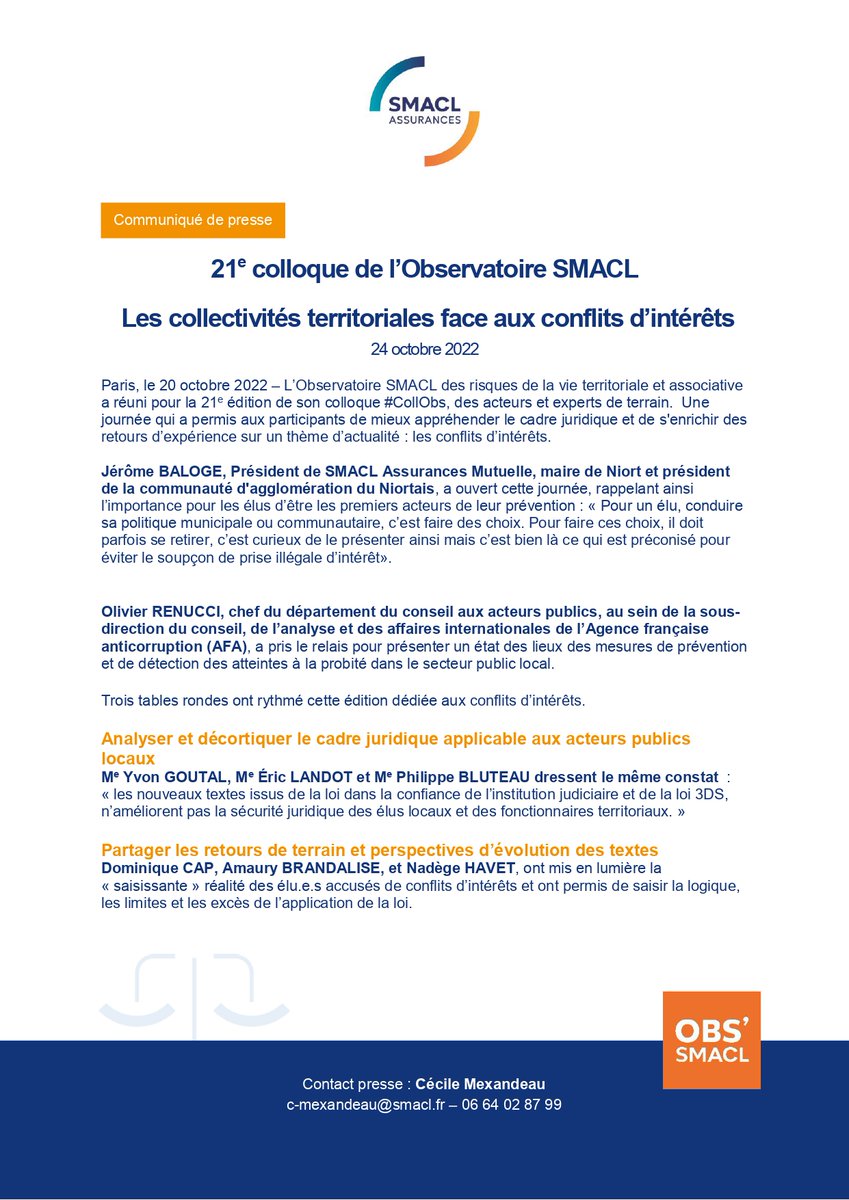 SmaclAssurances's tweet photo. [COMMUNIQUÉ DE PRESSE 📰] 21e édition du colloque de l'@ObsSmacl ! Des acteurs et des experts de terrain ont partagé leur retour d'expérience concernant les conflits d'intérêts, enjeux auxquels sont confrontées les #CollTerr. Plus d’infos⏩https://t.co/yKrDkiYfaL #CollObs https://t.co/tVQSh3u1WK