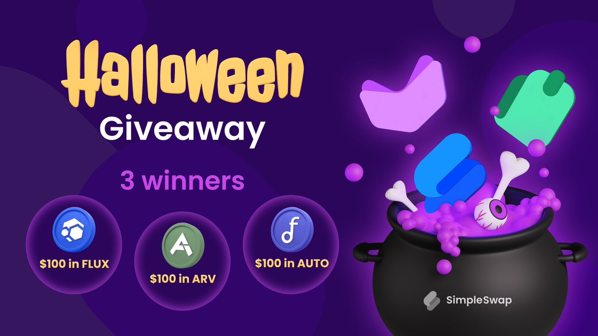 Here's a treat from us! Join our #Halloween #giveaway 🎃 ✅ Follow @SimpleSwap_io @SimpleHold @SimpleLearnApp ✅ Like & RT this tweet We'll choose 3 winners who'll get $100 each next Monday, the #crypto prizes are in $FLUX $ARV $AUTO. Happy Haunting!