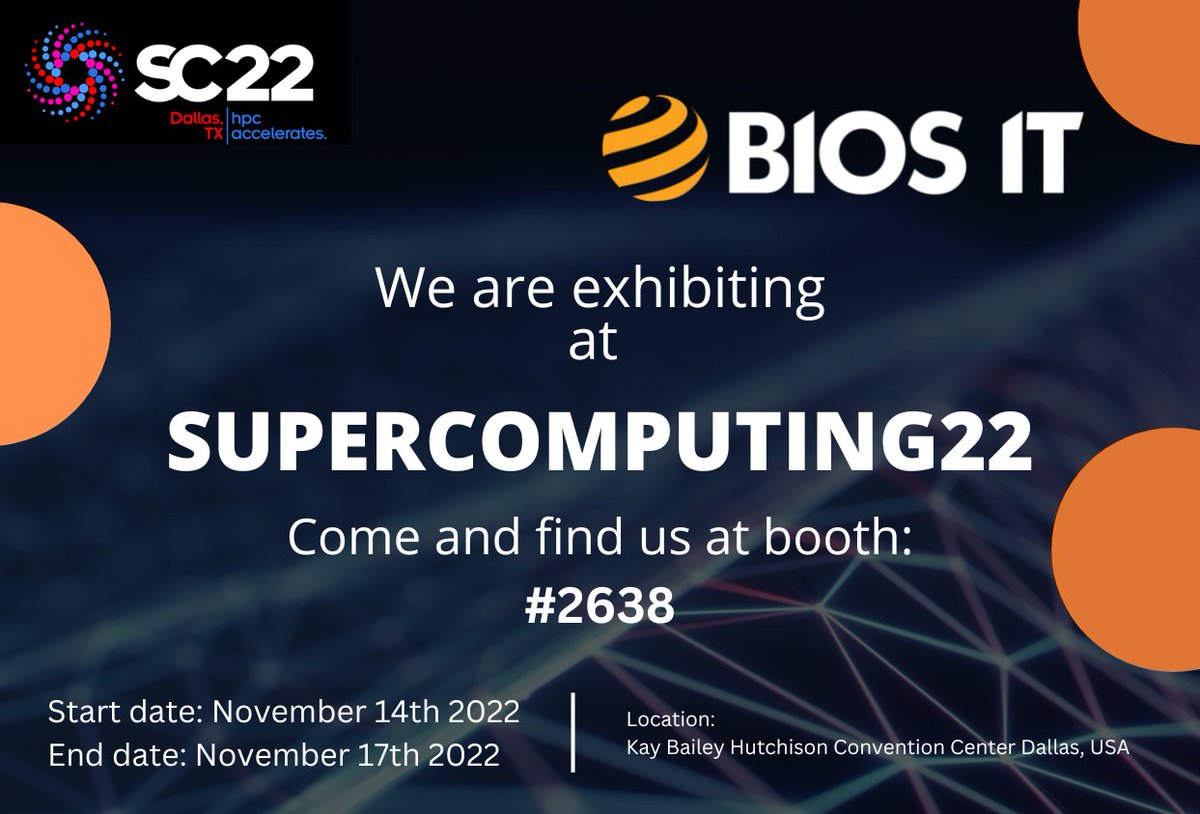 BIOS IT will be attending SuperComputing 2022 in Dallas, USA! SuperComputing brings together a passionate HPC community from across the globe to engage in workshops, panels, and general networking. Book a meeting with us here: bit.ly/3gDIJxK #sc22 #BIOSIT #hpcaccelerates