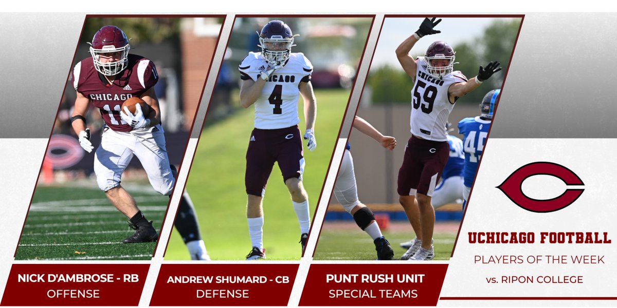 Congrats to our Week 7 Players of the Week!🏈#MaroonMade #ALLIN 

OFFENSE: Nick D'Ambrose - RB (Addison Trail HS, IL)

DEFENSE: Andrew Shumard - DB (Newcastle HS, OK)

SPECIAL TEAMS: Punt Rush Unit
