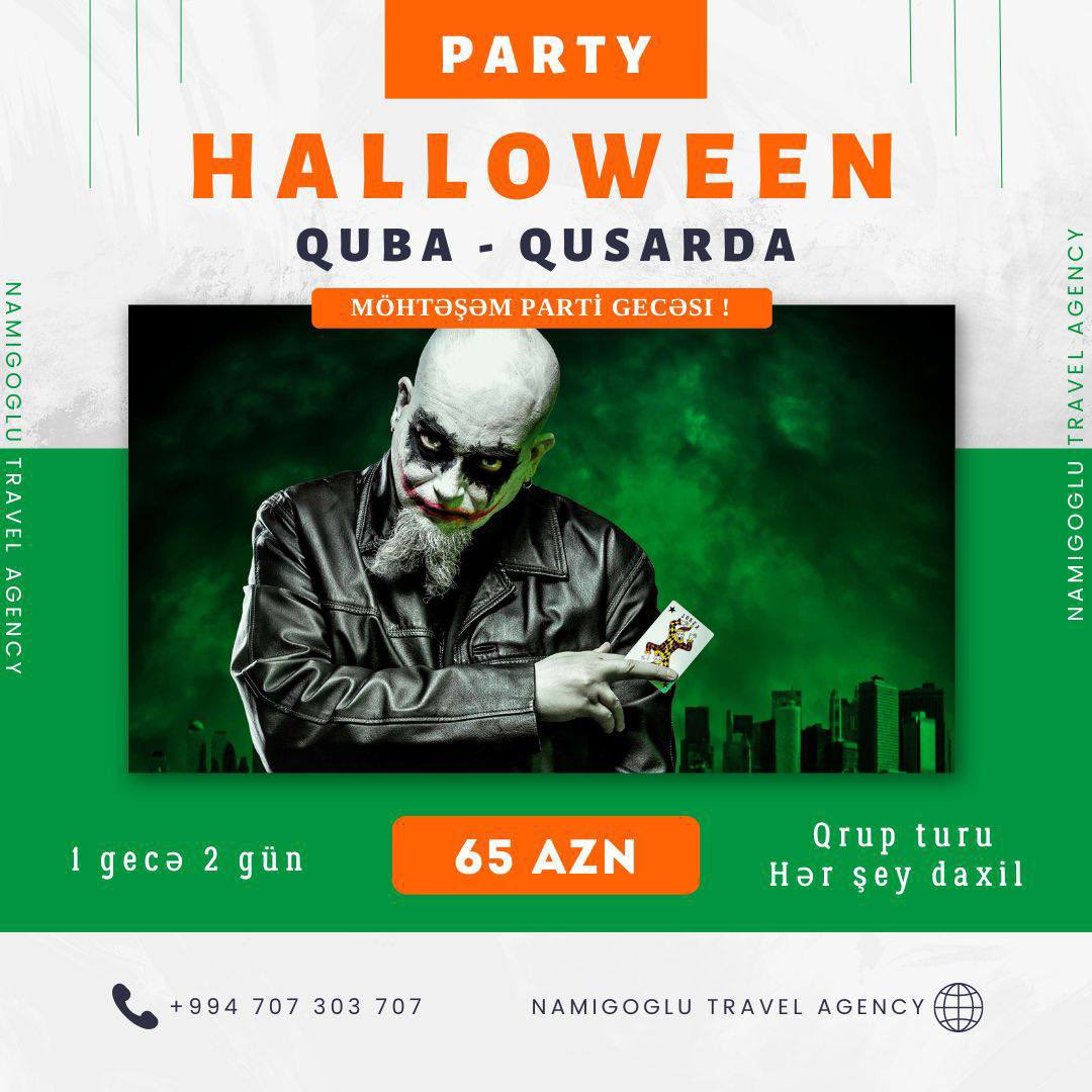 TravelNamigoglu's tweet photo. Bu il özünü gənc hiss edənlərə #Halloween bayramını 2 günlük turumuza qoşularaq maraqlı, gəzintili, musiqili və bol əyləncəli qeyd etməyi təklif edirik.

• HALLOWEEN PARTY / QUBA QUSAR TURU

• Tarix: 29-30 Oktyabr (2 günlük)
• Qiymət: 65 Azn (1 nəfər üçün)
#namigoglutravel https://t.co/Gi1WRYIZmh