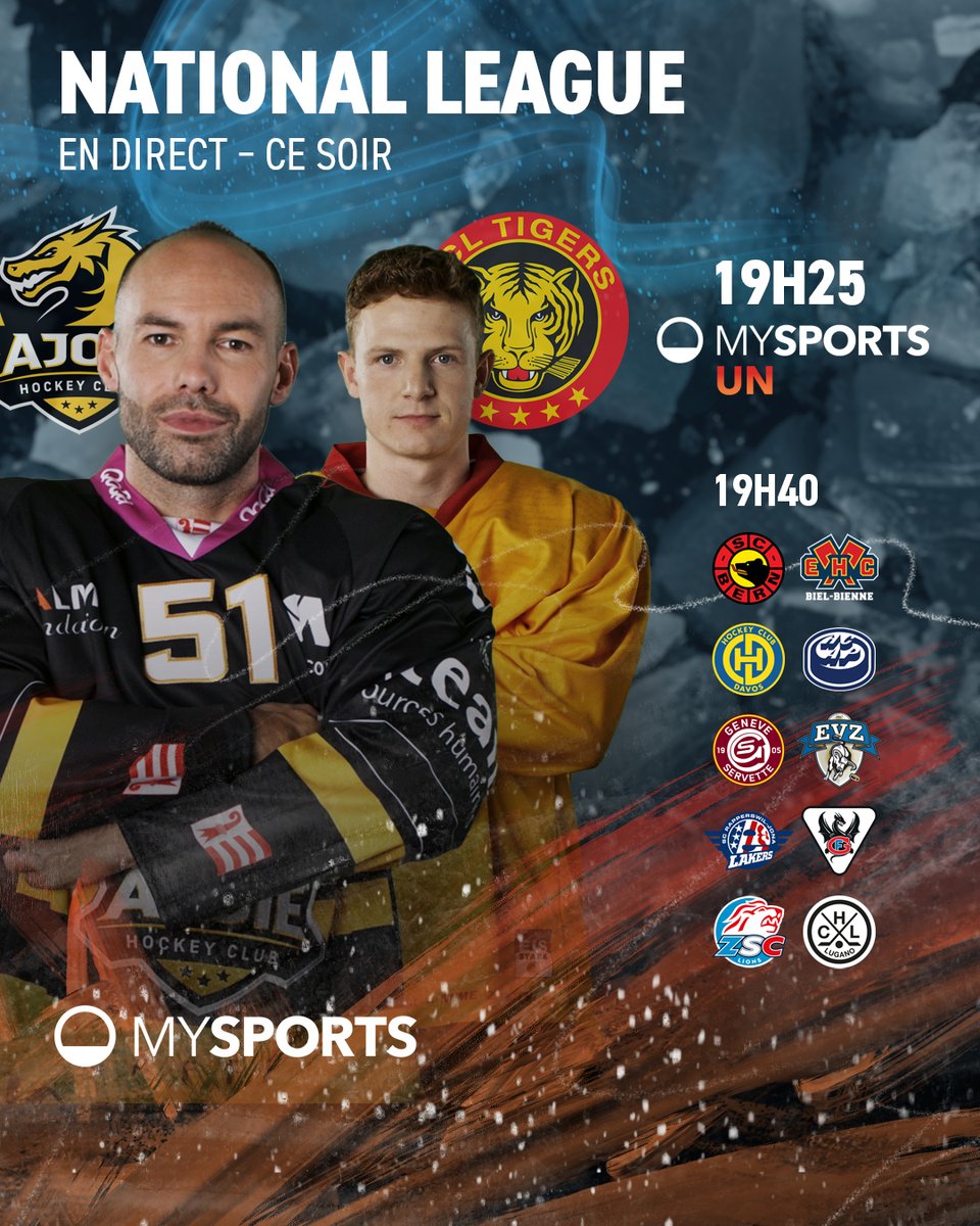 MySports_CH_fr's tweet photo. 6⃣ rencontres ce soir en @NLch_official dont notre match studio entre le @HC_Ajoie_off et le @hopplangnou!

Dès 19h25, retrouvez Alex, Stéphane et Florian Conz en plateau.

Les chaînes 📺:
#HCASCL UN &amp; @Blick_fr
#SCBEHCB 2️⃣
#HCDHCAP 3️⃣
#GSHCEVZ 4️⃣
#SCRJFRI 5️⃣ 
#ZSCHCL 6⃣ https://t.co/dSL0psZSCc