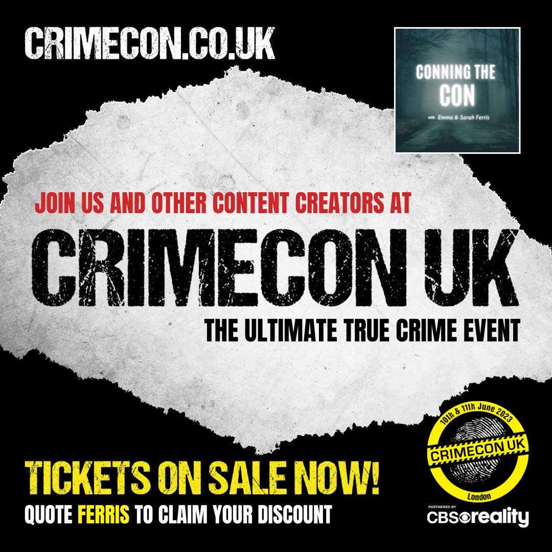 conningthecon1's tweet photo. It’s never to soon to get @crimecon_uk on the calendar for next years adventures! Come say hi and if you use the #discountcode ‘FERRIS’ (you know, like the wheel!) you will be 10% better off at checkout #crimecon2023 @STKpodcast @klooghless #ferris #truecrime #awardwinningevent https://t.co/VXT7zrkqZo