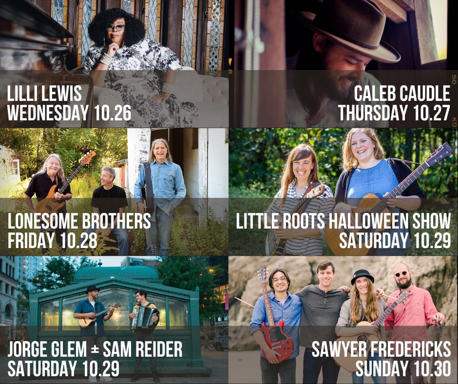 Coming up this week at #TheParlorRoom ⚡️ Tickets available at signaturesoundspresents.com.

-10/26 Lilli Lewis
-10/27 <a href="/caleb_caudle/">Caleb Caudle</a> 
-10/28 Lonesome Brothers
-10/29 Little Roots Halloween Show
-10/29 <a href="/jorgeglem/">Jorge Glem</a>  + <a href="/samreidermusic/">Sam Reider</a> 
-10/30 Sawyer Fredericks