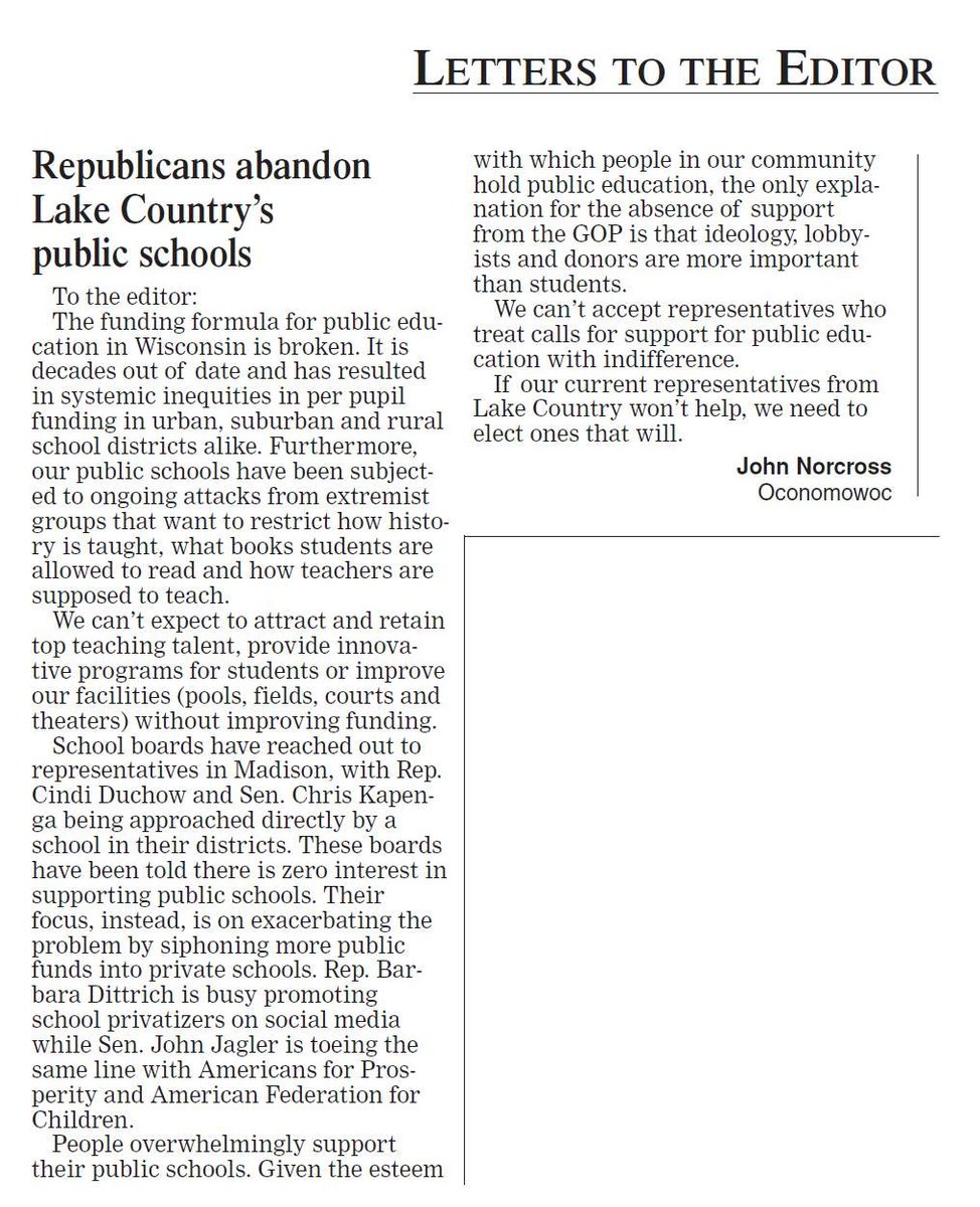 jnorcr's tweet photo. @RepDittrich From last week's #Waukesha Freeman.
It's time for #LakeCountryWI's representatives to #supportourpublicschools in #Wisconsin.
#Oconomowoc #HartlandWI #PewaukeeWI #WatertownWI #LakeMillsWI #WIAD38 #WIAD99 #WISD13 #WISD33 https://t.co/ctYc1mj744