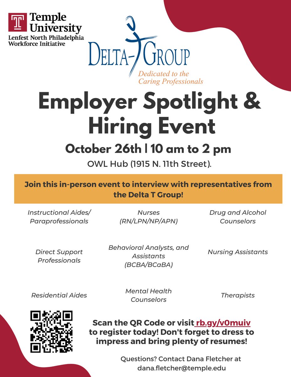 This Wednesday, Delta T Group will be stopping by! Get this amazing opportunity to connect and get to know the representatives from Delta T Group! Delta T Group seeks to hire new positions like Nursing Assistant, Behavioral Analysis, and more! Sign up; the link is in the bio!