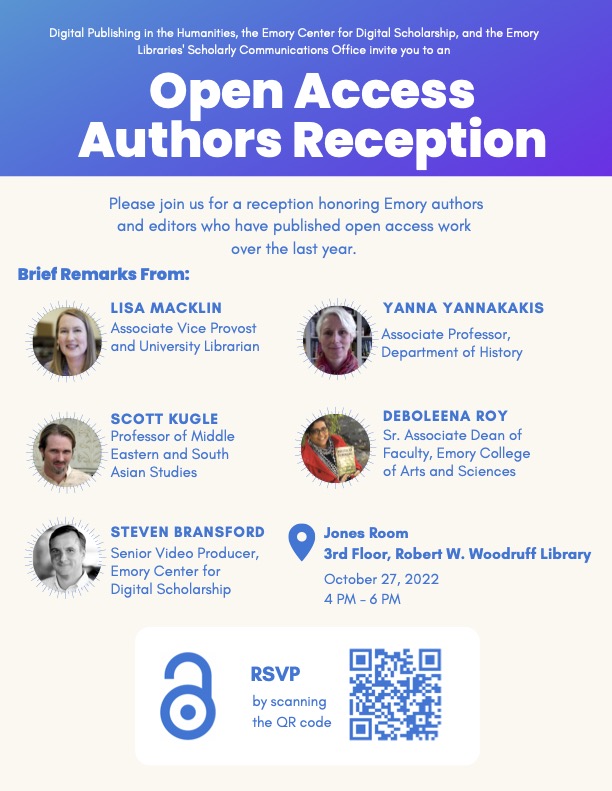Emory Digital Publishing in the Humanities (@emorydph) on Twitter photo Happy #OAWeek! On Thursday at 4pm we celebrate more than 150 Emory authors who have published OA in the last year. Please join us in the Jones Room! RSVP at OAReception.eventbrite.com <a href="/EmoryCDS/">Emory Center for Digital Scholarship</a> <a href="/EmoryLibsOA/">Emory Libraries Scholarly Communications Office</a> @FoxCenterEmory Happy #OAWeek! On Thursday at 4pm we celebrate more than 150 Emory authors who have published OA in the last year. Please join us in the Jones Room! RSVP at OAReception.eventbrite.com <a href="/EmoryCDS/">Emory Center for Digital Scholarship</a> <a href="/EmoryLibsOA/">Emory Libraries Scholarly Communications Office</a> @FoxCenterEmory