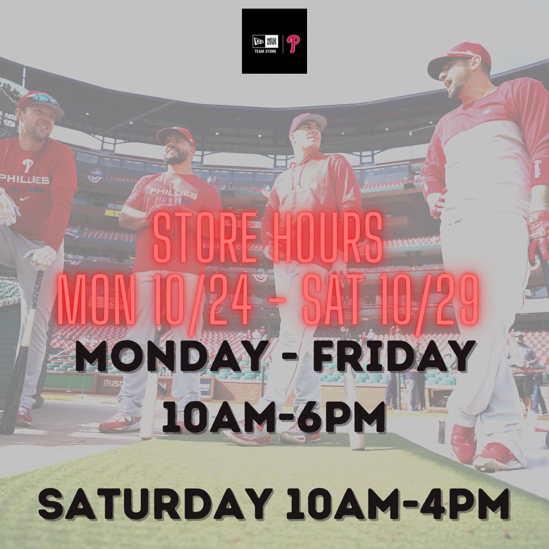 New Era Phillies Team Store on X: Wow. NL Champs. Here are our hours for  the week. We will post inventory updates here as soon as we can. Please  note phones and