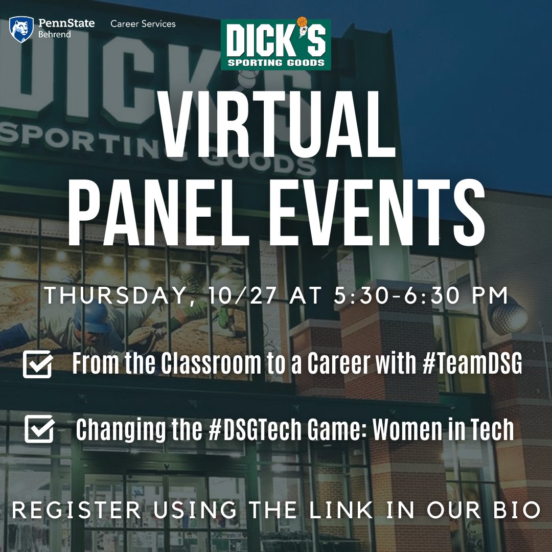 PSBCareer's tweet photo. This Thursday, Dick’s Sporting Goods is hosting two Virtual Career Panels that you don’t want to miss! A Teams Link will be provided once you register using the link in our bio https://t.co/GrV2Zz3kiU