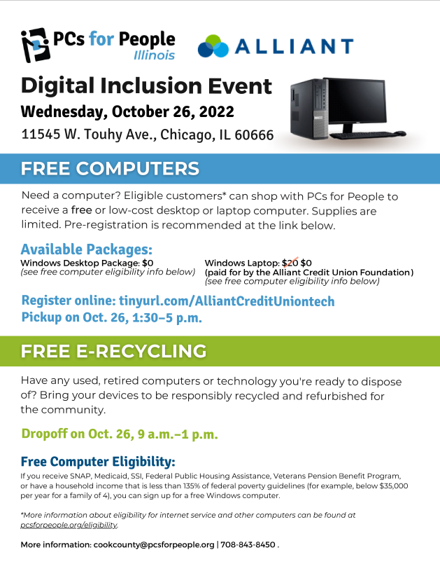 AlliantCU's tweet photo. 📢Do you know someone in need of a FREE laptop or desktop computer? 
Help us invite eligible #Chicagoland community members to register to pick up a FREE device this Wednesday!
Questions about registration? Email mar@pcsforpeople.org or call 651-333-3213.
#Chicago #FreeLaptop https://t.co/Y3Zy18gvrT