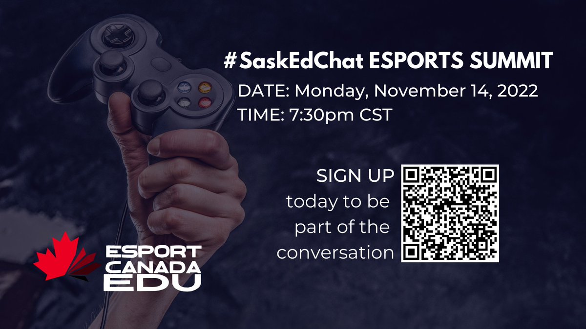 #SaskEdChat we heard you're ready to game and we're here to help! 
Join educators from across the province in a roundtable discussion on the current landscape of esports in SK and explore ways to support esports programming in SK schools. 
forms.gle/im7MDfGgiAvdbx…