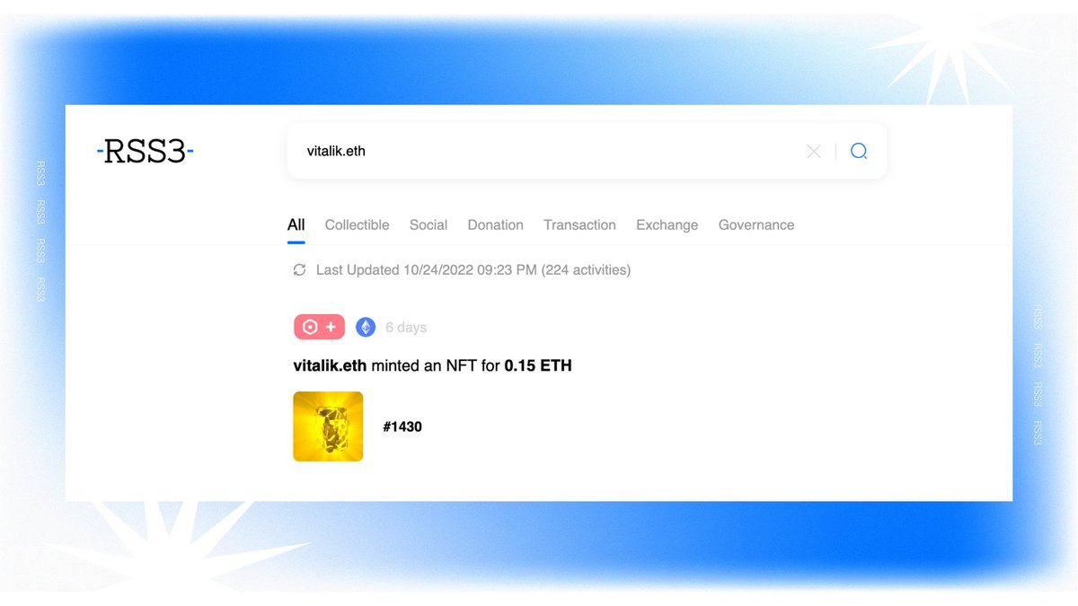 rss3_'s tweet photo. 🤔 What can you do on https://t.co/c54N49K5oj ?  

📊 Keep up with who’s minting, buying, selling, or posting...

👀 Here we have @VitalikButerin minting a Voyager Pass from @RNS_Global https://t.co/4M71hJ48or