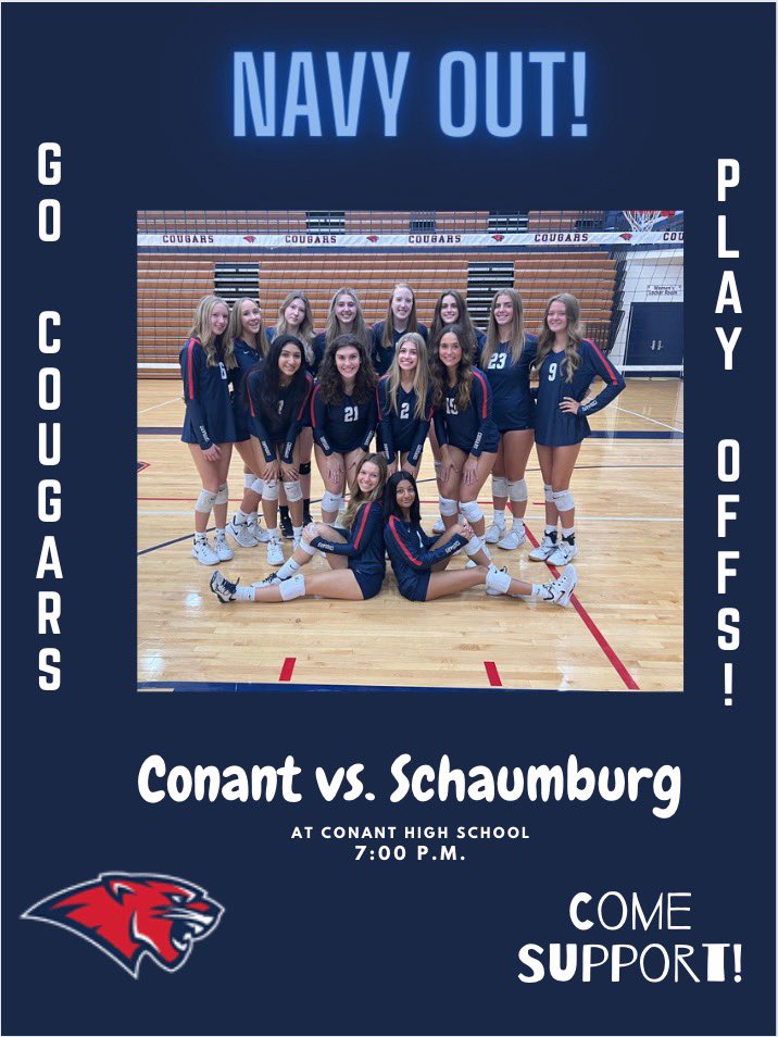 Come support the Conant Varsity Girls Volleyball team tomorrow night in the regional semi-finals AT CONANT ! The Cougars face the Saxons at 7pm!  WEAR NAVY! <a href="/conantathletics/">Conant Athletics</a>