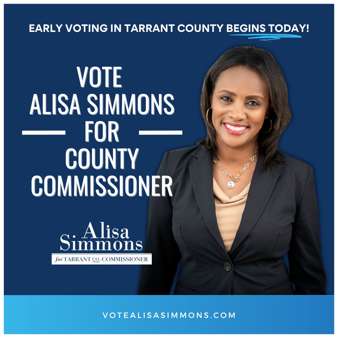 alisafortarrant's tweet photo. Early voting in Tarrant County begins today! Find a voting location near you: https://t.co/QKea9fVO6M

Support our campaign by donating below:
https://t.co/4Lh9PUdpkD https://t.co/n9ooJuXLzw