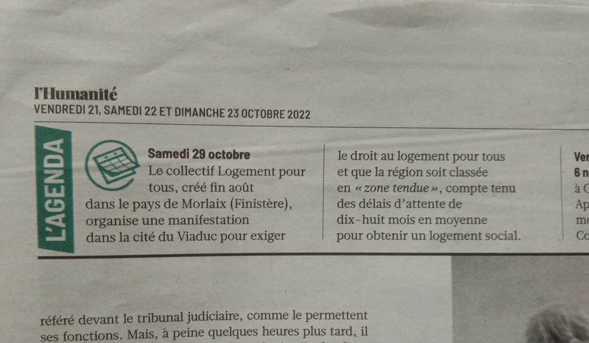 OrvaultPcf's tweet photo. 📢 Annonce dans @humanite_fr de la manifestation du 29 octobre, à #Morlaix ⤵️
Favoriser l'accès et le droit au logement pour toutes & tous!✊
#logement #zonetendue #bretagne #PCF29 https://t.co/V8udu0ptYe