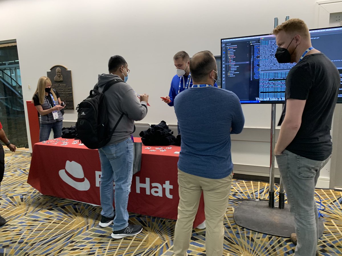 JenInnovate's tweet photo. Kicking off #CloudNativeSecurityCon and #KNativeCon today, 2 of 6 co-located #RedHat sponsored events at #KubeCon. Come by our tabletop booths for swag and talk to our #opensource SMEs. @redhatopen @openshift @KnativeProject @rhdevelopers https://t.co/WZwKldYyEL