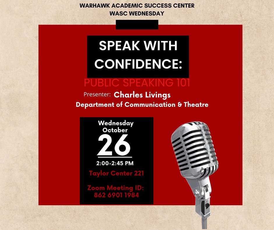 WASC Wednesday Alert!! Does speaking in front of large groups make you nervous? Then be sure to see us this Wednesday, the 26th to hear about ways to combat those nerves and speak with confidence. Snacks will be provided. #aumwasc  #studentsuccess #wascwednesday #tutoring