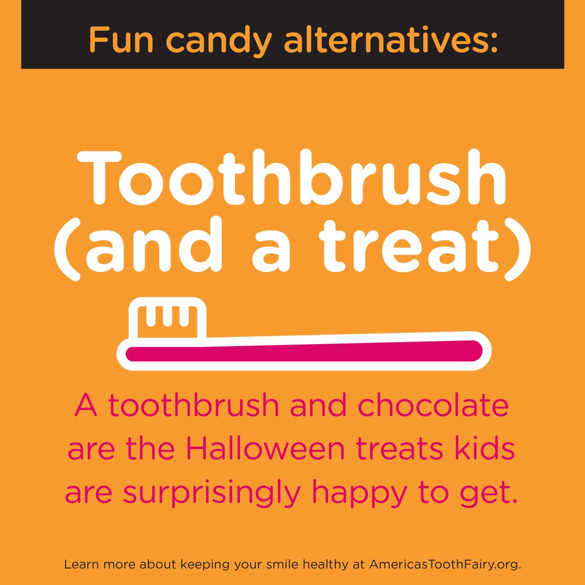 AmerToothfairy's tweet photo. Healthy smiles are essential for healthy kids. Instead of feeding the MOUTH MONSTERS that cause cavities, give these fun alternatives to #Halloween candy a try!
See the complete list at https://t.co/L91tdylwhT
#MySmileMatters #DentalHygieneMonth #TrickOrTeeth https://t.co/oZiYwdBPQt