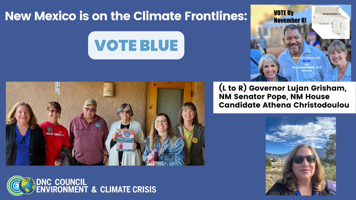 DNCClimate's tweet photo. New Mexico is beautiful - and also on the #ClimateFrontlines.
Chair Michelle Deatrick @MDeatrick canvassed and gathered with Democrats to get out the vote and support #ClimateDem candidates like Athena Christodoulou @Athena4NM. https://t.co/v6pqdeP9F9