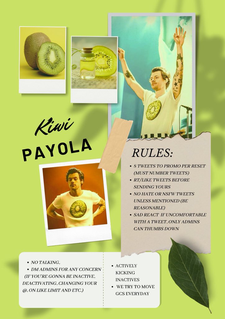 KIWI PAYOLA HYPE GC IS RECRUITING ACTIVE MEMBERS 🥝 

❗️RULES — (PLEASE READ BEFORE JOINING)❗️

• MBF <a href="/Kpayolalikes/">KIWI LIKES</a>  and ALL admins (check our bio)

• RT and comment your @ to be added
• NO hate/slander/ratio tweets allowed