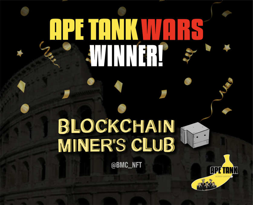 A huge CONGRATULATIONS to @BMC_NFT for making it through as the CHAMPION of our first
APE TANK WARS. 

Shoutout to <a href="/Utherverse/">Utherverse.io - $UTHR LIVE!</a> for coming in Second! 

It was a great experience to have so many projects with solid ideas and artwork competing against one another! 

#APETANKWARS