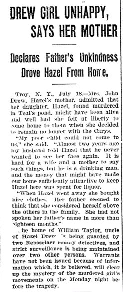 People are still looking into the murder of #HazelDrew ! This just came in from longtime investigator and local to the area Mark Marshall.  Detective Mark has uncovered this nugget from a Poughkeepsie paper that provides extraordinary new insight into Hazel's family life...