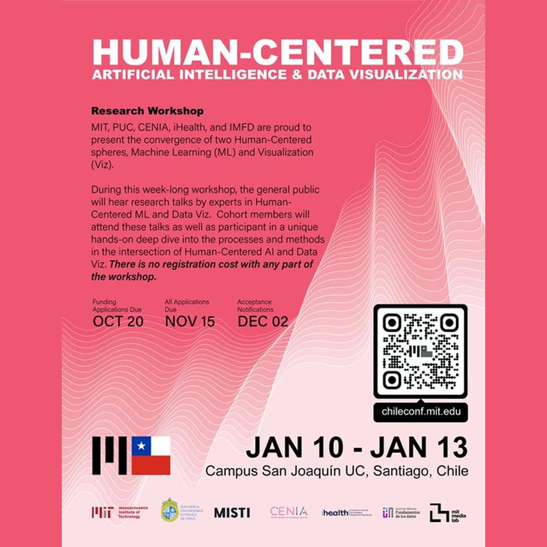 iHEALTHMilenio's tweet photo. ¡Atención! 📣 Entre el 10 y el 13 de enero se realizará el 1° workshop MIT-Chile Human-Centered AI &amp; Visualization Research, con charlas abiertas y talleres prácticos 😉Organizan #iHEALTH, @medialab, @cen_ia, @IMFDChile y @ucatolica.  

Más información👉 https://t.co/ZvKTYnF8Ae https://t.co/KIGEpFaaXY