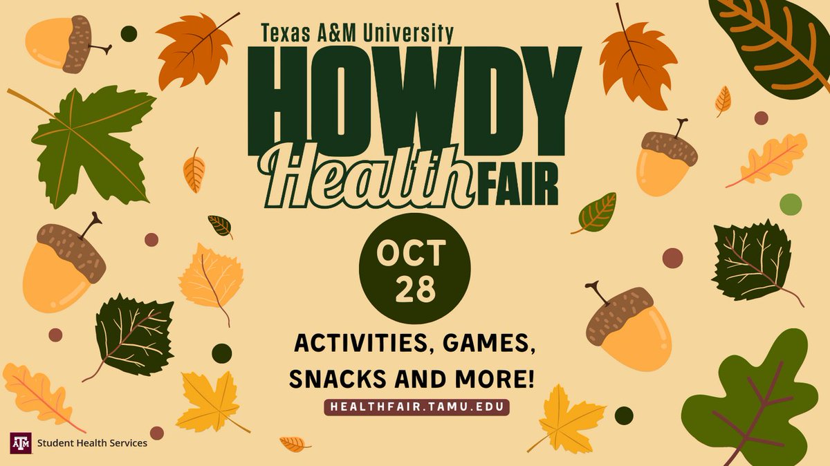 tamuUHS's tweet photo. The Howdy Health Fair is coming up THIS FRIDAY! Don't miss out on fun games and activities and free health fair swag! For more infomation visit https://t.co/SkE3S5RXB0 #howdyhealthfair #fallintohealth https://t.co/EFrqpiSkBs