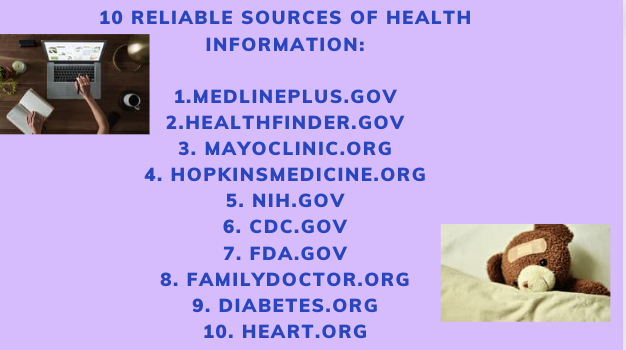 LisaWeck1's tweet photo. It is very important to know where your information is coming from regarding health information. I put together a list of reliable government and non-profit organization sites.
#goalsproject #wt22fall https://t.co/GrhwgIoIp4