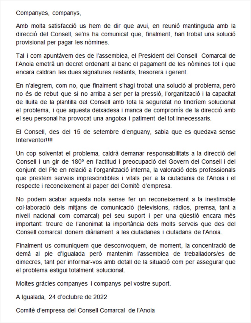 claaarisssfs's tweet photo. Gràcies a l'organització de la plantilla i al soroll a les xarxes i mitjans,la Direcció del @ConsellAnoia agafa com a solució la proposta dels treballadors/es:ordenar el pagament de les nòmines per Decret de Presidència.Lamentem, però, el patiment generat i la deixadesa d'anys 👇🏿 https://t.co/z8tc9uiycD