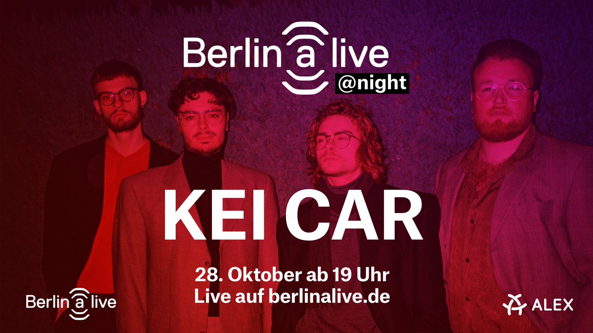 Diesen Freitag steigt die Berlin(a)live <a href="/Night/">night</a> 🎉. Endlich auch mit dabei: KEI CAR. 
Die Psych Funk-Band kommt aus Berlin und kreiert einen Sound, der zwischen psychedelischen Texturen und roher Funkiness hin und her pendelt. 
<a href="/alex_berlin_de/">ALEX Berlin</a> 
#berlinalive