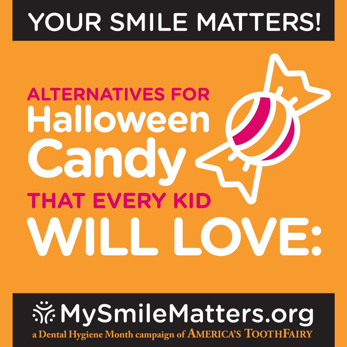 AmerToothfairy's tweet photo. Healthy smiles are essential for healthy kids. Instead of feeding the MOUTH MONSTERS that cause cavities, give these fun alternatives to #Halloween candy a try!
See the complete list at https://t.co/L91tdylwhT
#MySmileMatters #DentalHygieneMonth #TrickOrTeeth https://t.co/oZiYwdBPQt