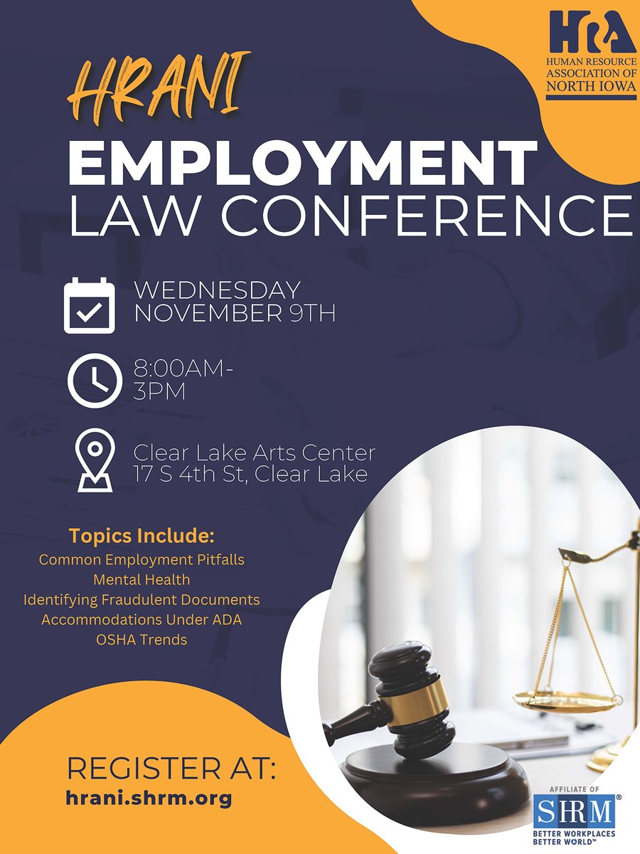 Resources for businesses: the HRANI Employment Law Conference will be held in Clear Lake on Wednesday November 9th. For more details and registration, visit hrani.shrm.org