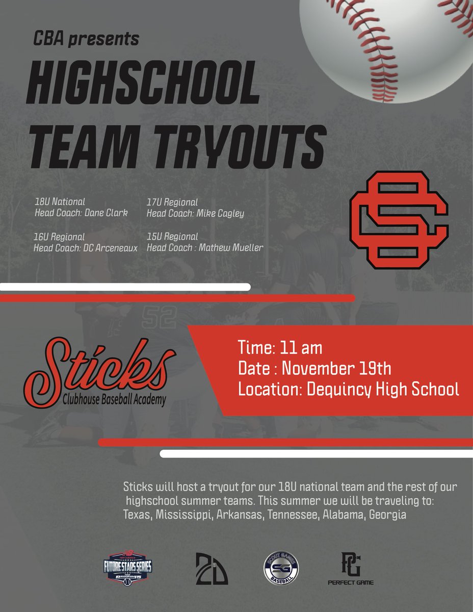 Our high school tryout date is set, come out &amp; compete for a spot on our high school squads! We will have a 15U,16U,17U,and for the FIRST time ever the CBA Sticks will field a National Team! Register online at  cbasticks.com/registration/