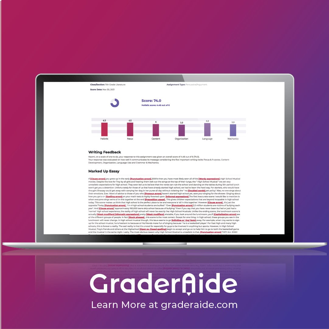 GetGraderAide's tweet photo. The semester’s over, are you struggling to maintain your work-life balance? Ditch the struggle with GraderAide! Our automated scoring tool gives you immediate scores to free up your after-school hours. To learn more visit https://t.co/DIqyXt8NO5 #teaching #papergrader #grading https://t.co/AxsmCgqnT8