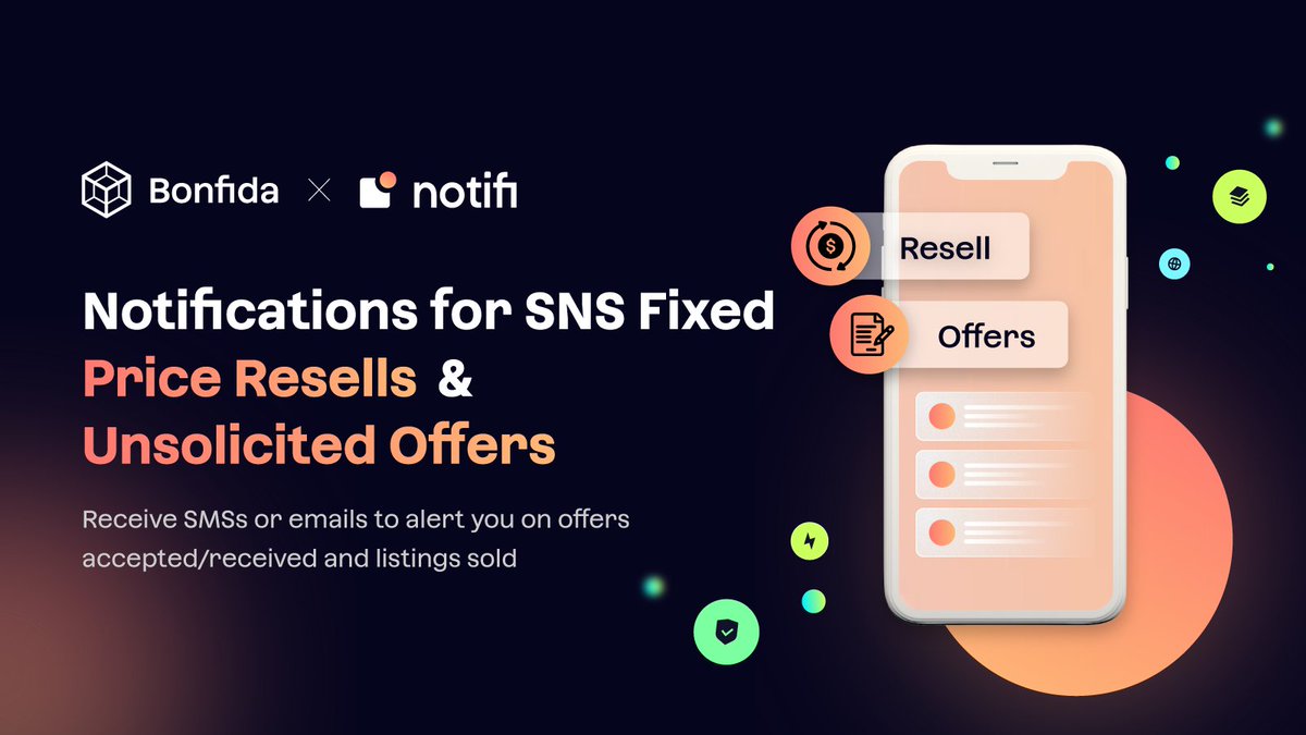 🚨 New Notifi Alerts 🚨

<a href="/NotifiNetwork/">Notifi</a> x <a href="/bonfida/">Bonfida</a> 

Notifi and Bonfida’s partnership started with a joint vision to simplify onboarding new users to web3 &amp; providing alerts for offers on Bonfida’s Solana Name Service (SNS), <a href="/solana/">Solana</a>'s decentralized domain name service 🔥
🧵 (1/5)