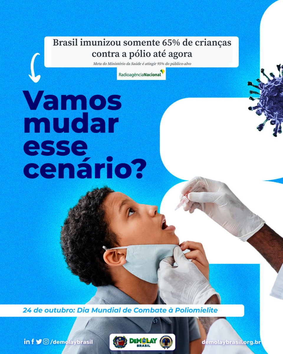 DeMolayBrasil's tweet photo. Causada pelo poliovírus, a poliomielite é uma doença contagiosa aguda, podendo infectar tanto crianças quanto adultos.

Neste mês de outubro, ocorre a Campanha da Multivacinação, sendo uma boa oportunidade para vacinar contra a polio e outras doenças! https://t.co/woy1O9Fazl