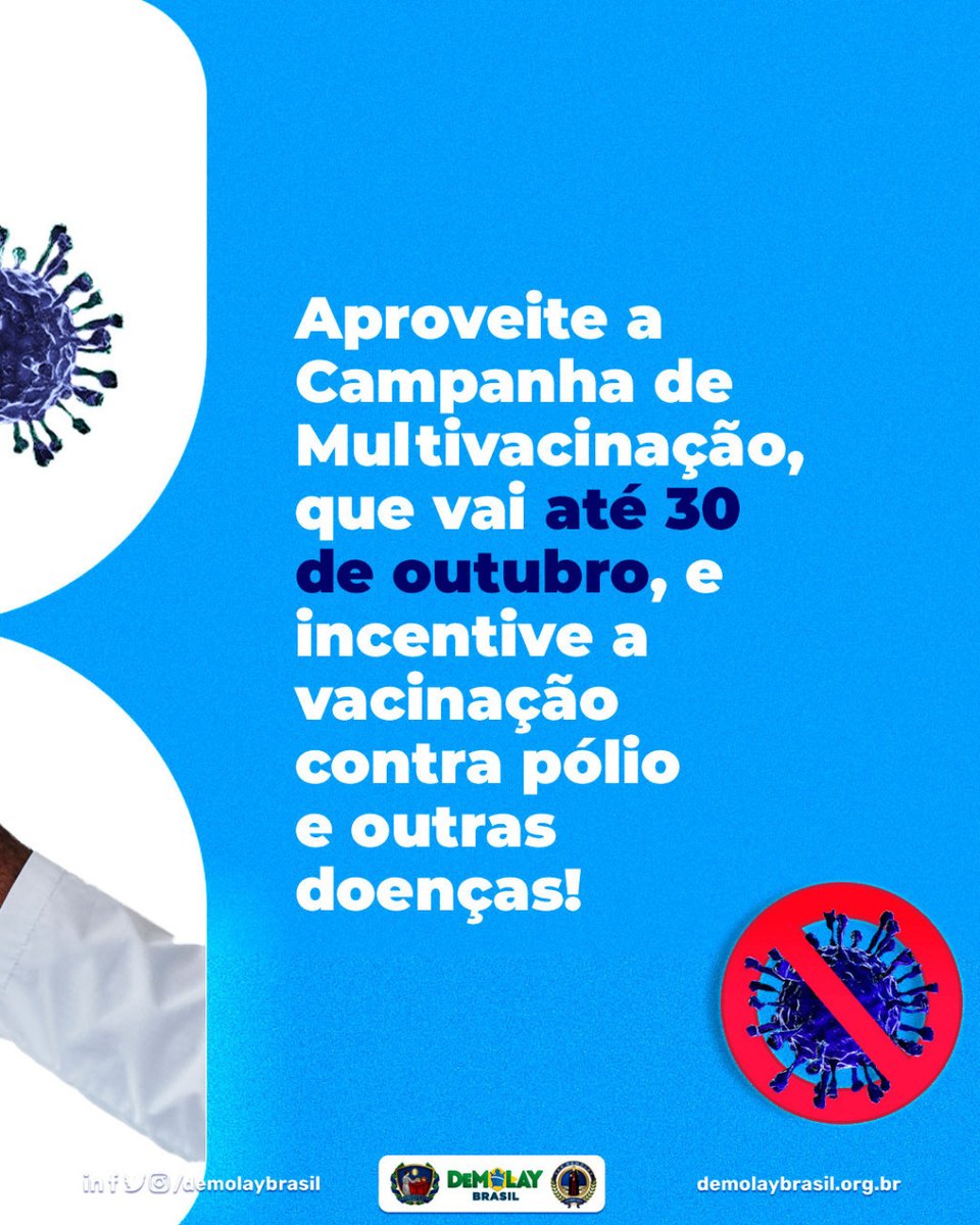 DeMolayBrasil's tweet photo. Causada pelo poliovírus, a poliomielite é uma doença contagiosa aguda, podendo infectar tanto crianças quanto adultos.

Neste mês de outubro, ocorre a Campanha da Multivacinação, sendo uma boa oportunidade para vacinar contra a polio e outras doenças! https://t.co/woy1O9Fazl