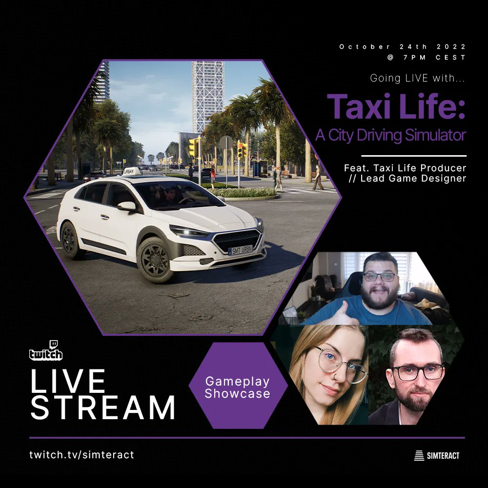 simteract's tweet image. We&apos;re going to have 3 people on our Stream today and talk about Taxi Life! Going live @ 7PM CEST! Watch on #twitch here👉 buff.ly/3FqySDi 

#communitystream #taxilife #barcelona #gamedev #gamdevelopers #indiedev