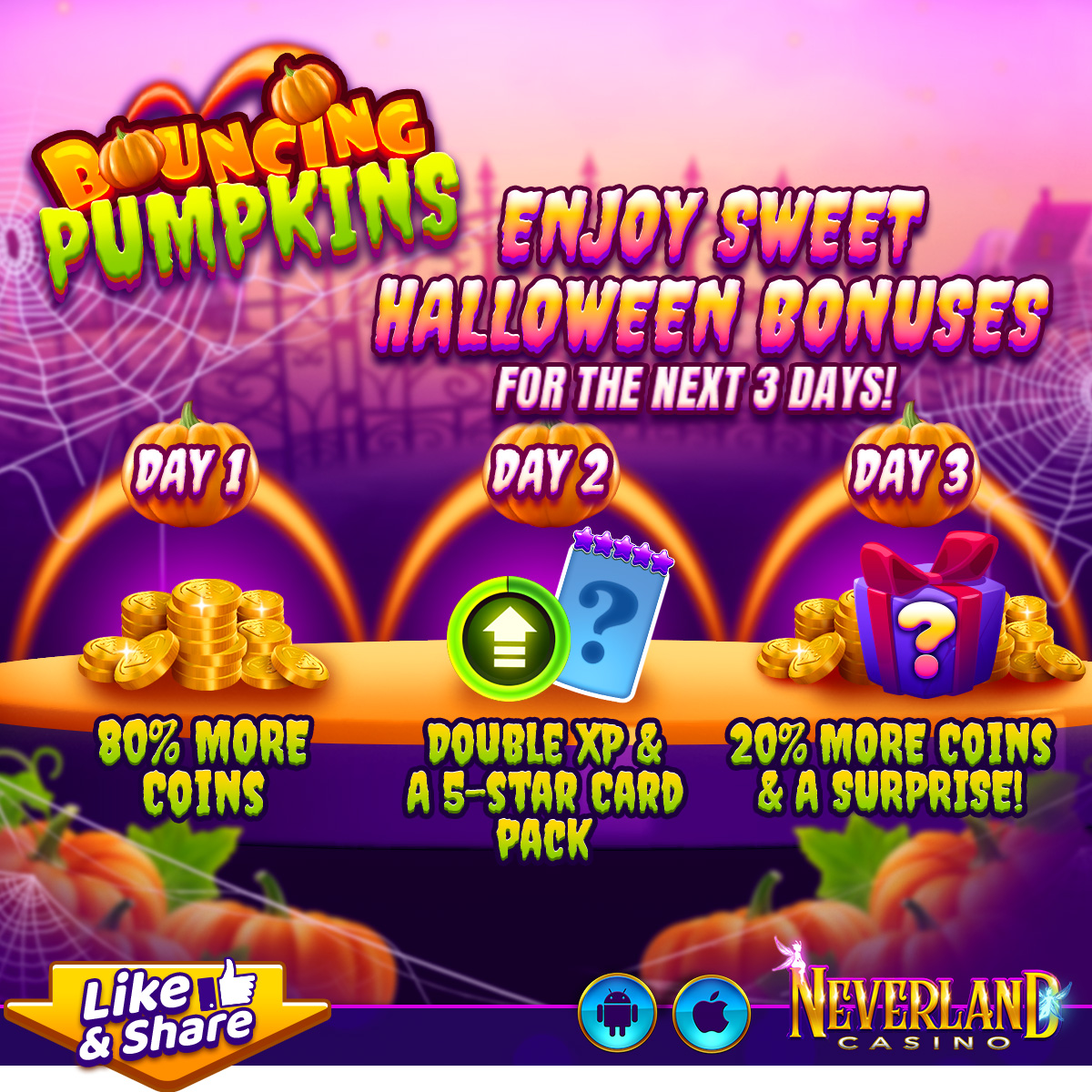 NeverlandCasino's tweet photo. It's time for Bouncing Pumpkins! 🎃 

🎁 Check out our Halloween spin on Bouncing Bonus, with all-new prizes to be won.

Plus, take these FREE Coins:
https://t.co/oh8vRiwNPq https://t.co/Uu4vDxGK7g