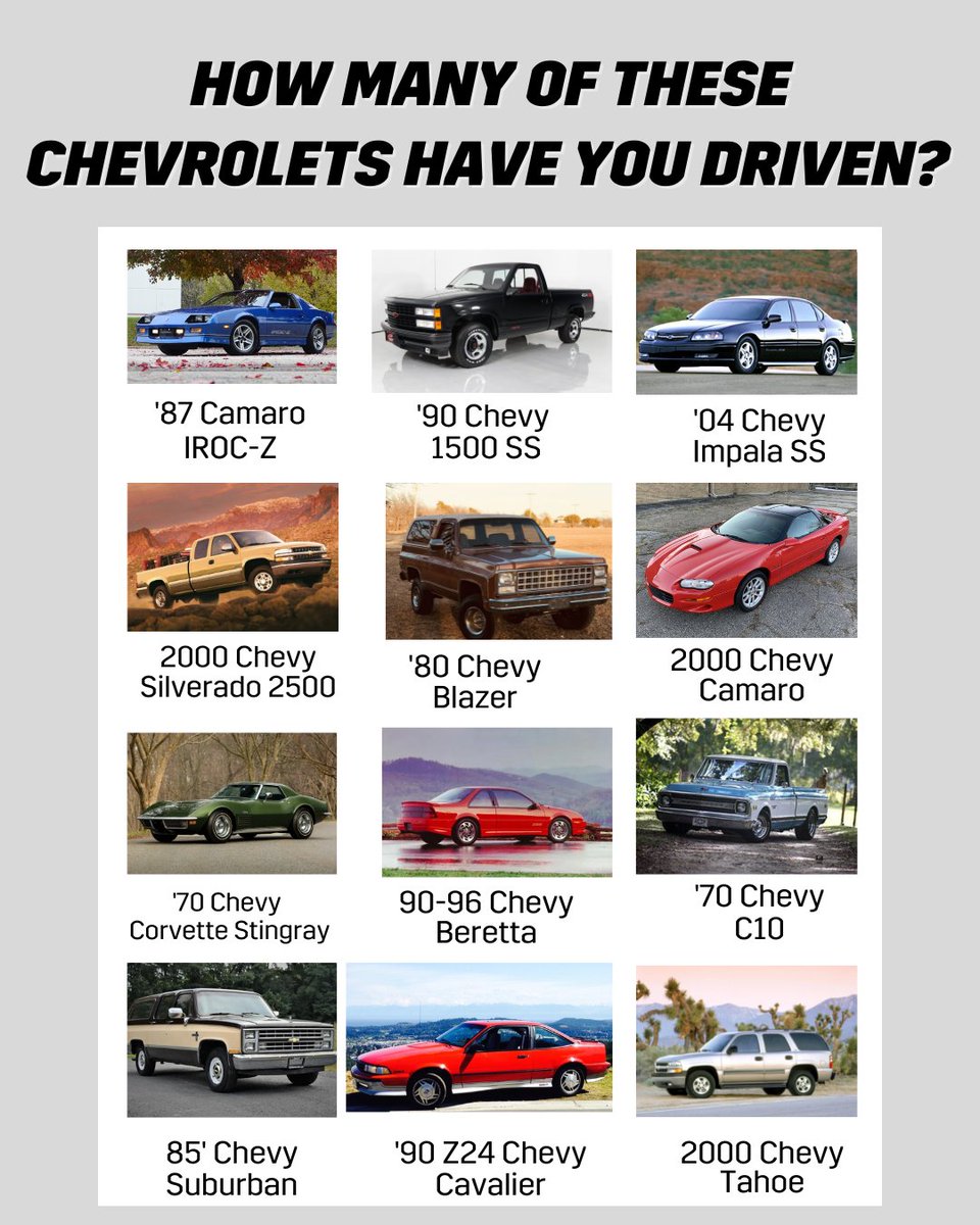 Cm_Chevrolet1's tweet photo. ๐ฃ Calling all #ChevyFans! How many of these Chevys have you driven? ๐
*
*
#CommonwealthChevrolet #ShopUsLast #Lawrence #MA #Chevrolet #Chevy #cars #trucks #suvs #chevydealership https://t.co/Nvb2jBNHDu