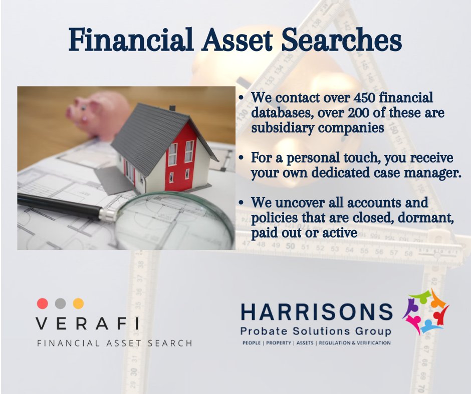 HRProbate's tweet photo. With over £1.3bn held in lost, dormant and active accounts, a VERAFI financial asset search is the easiest way to locate a deceased person's assets.

Enquire on our website (link in bio)

#property #heir #heirhunters #probate #probateproperty #deceasedassets #findawill #lawyer https://t.co/RZATtIEcRv