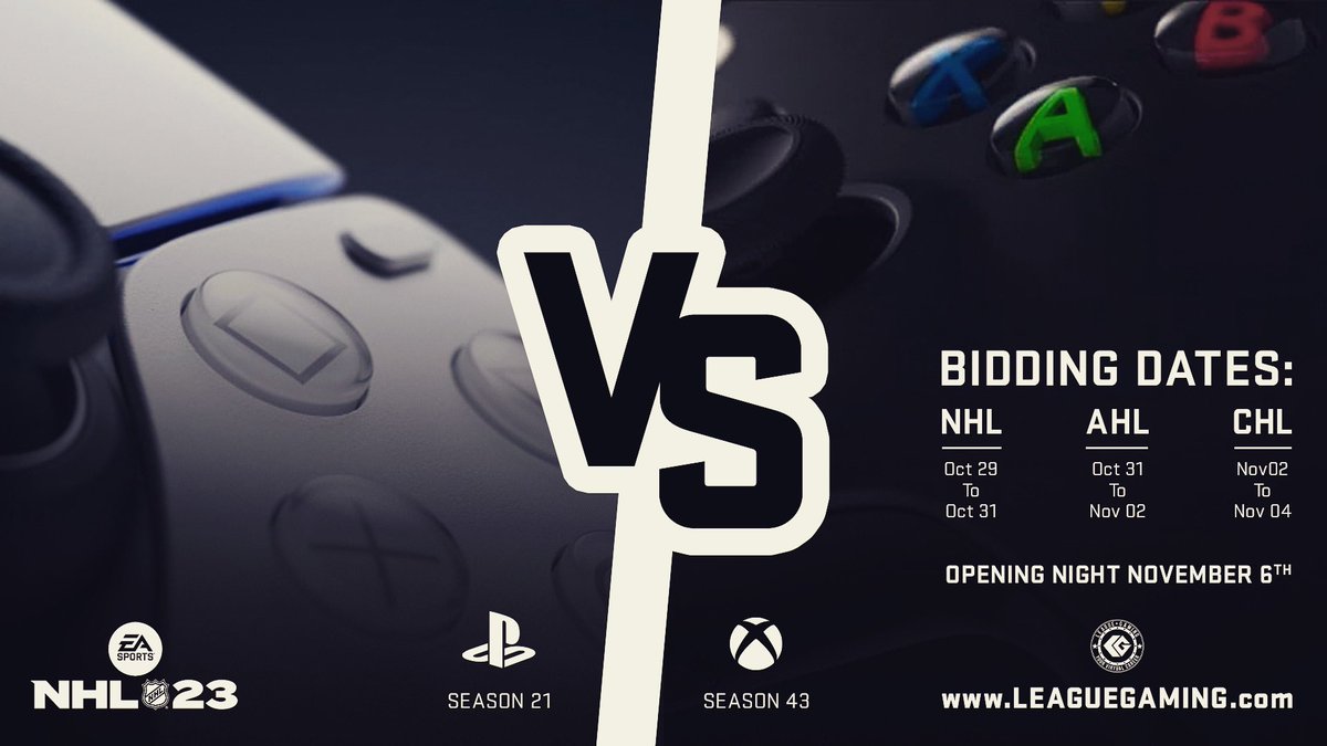 Count down is on! 

ONLY FIVE DAYS until NHL bidding kicks off for the start of our NHL 23 campaign! 

🎮 - Xbox Series X|S &amp; PS5
🌎 - North America
💵 - Bidding starts Oct 29t
🗓️ - Fall season starts Nov 6th

🖋️ - Signup today! &gt;&gt; tinyurl.com/mr48vcwz