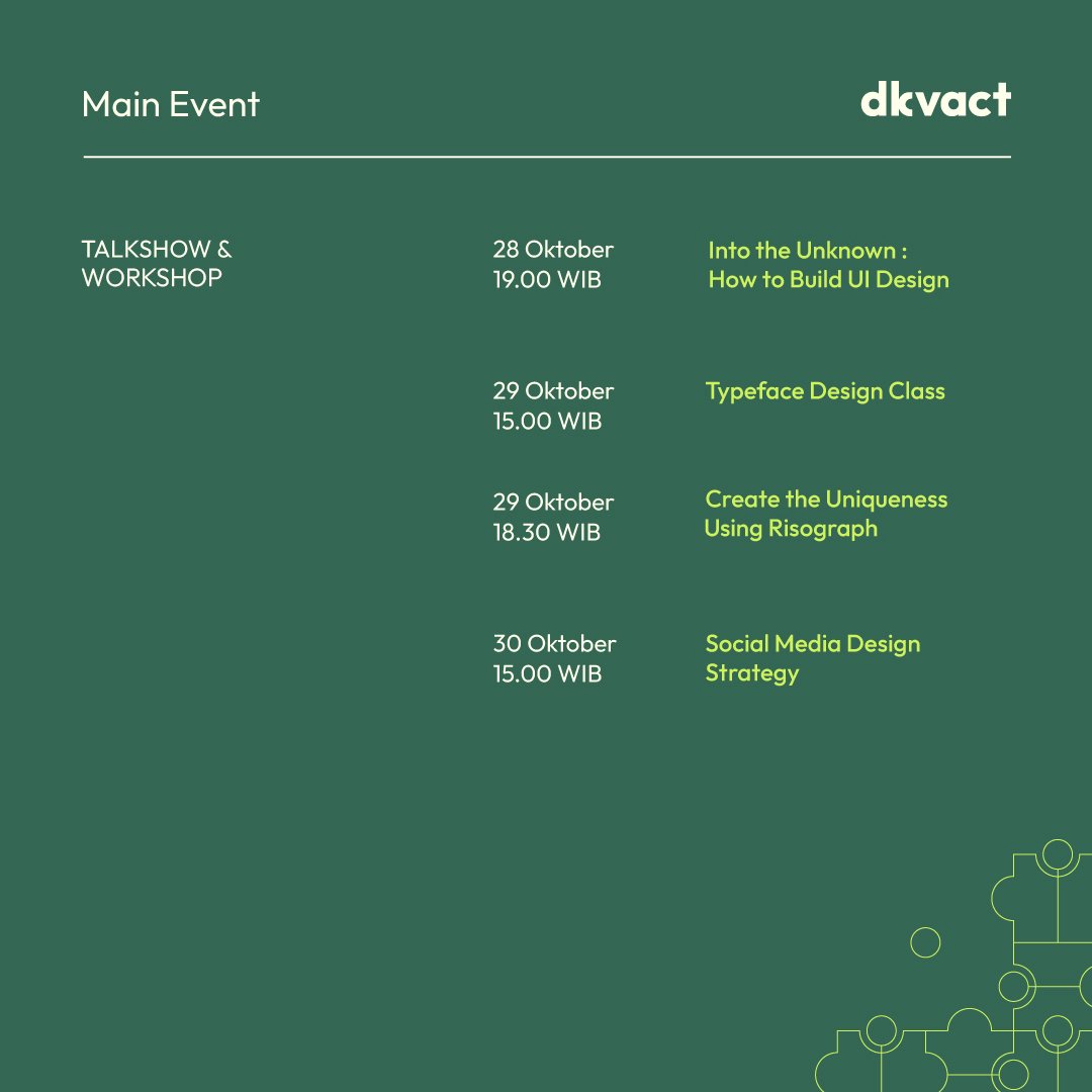 dkviska's tweet photo. Hi sobat DKVACT !
Main event DKVACT sudah di depan mata, bakal banyak acara menarik yang akan hadir untuk kalian semua ๐
Tapi, mimin pengen tau dulu nih, apasih yang paling kalian tunggu di acara ini?
Komen di bawah ya!
#dkvact #dkvact8 #dkvisisolo #exhibition https://t.co/OsLeajGnv9