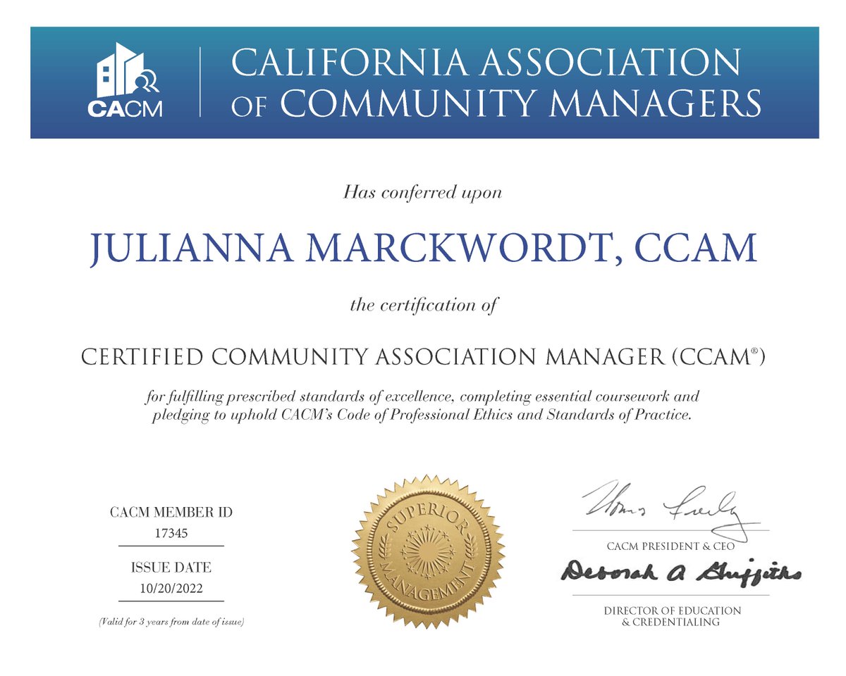 CACMchat's tweet photo. Look who got certified! Julianna Marckwordt, CCAM! Congratulations on becoming a Certified Community Association Manager in the state of California. Kudos!
#CCAM #professionalmanager #HOA #communitymanagement #CaliforniaCertified #CACMStrong https://t.co/JUZ3tsejLT