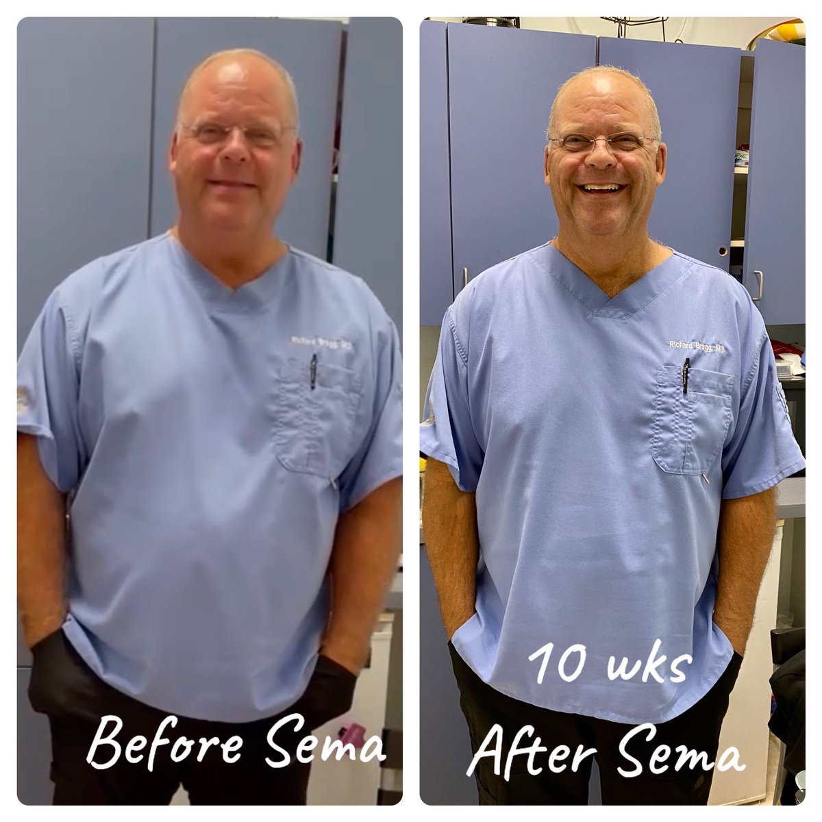 SvelteMd's tweet photo. DR. BRAGG before and after 10 weeks on our new #weightlossprogram, Svelte Sema! 👏

Semaglutide is a peptide that's injected once a week to help regulate #food intake. You'll feel full longer, store less fat, and experience a reduced #appetite.

#weightloss #loseweight #orlando https://t.co/mlhUu52uNs
